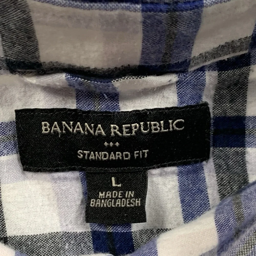 Banana Republic Men's Lg White Blue Black Plaid Button Down Shirt Standard Fit‎